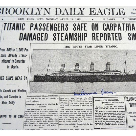 RMS Titanic Millvina Dean Repro newspaper page authentic genuine signed